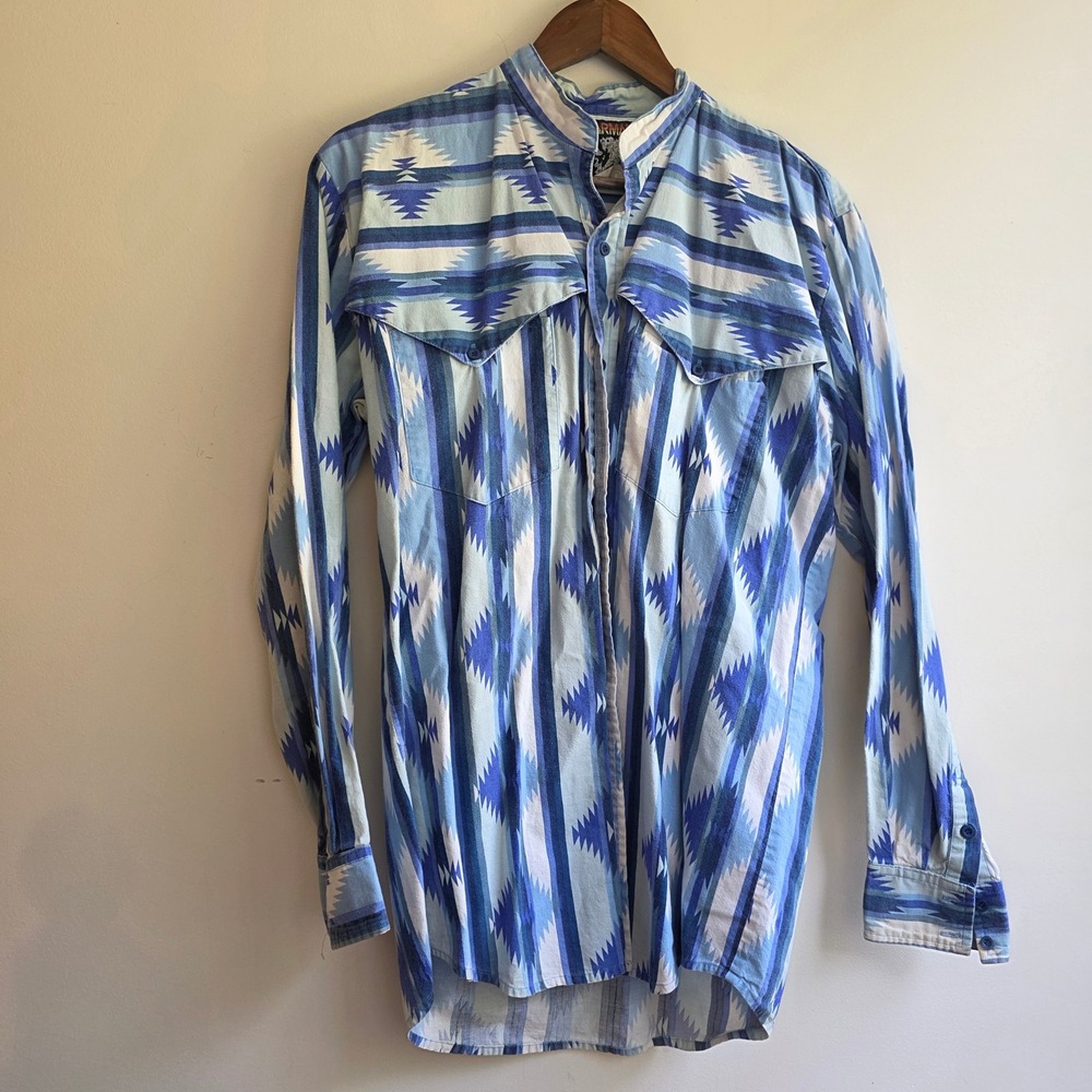 Vintage Karman Mens Southwestern Western Shirt Blue Cotton Band Collar Large